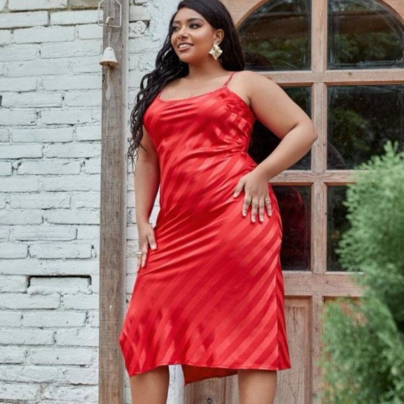 Red Striped Jacquard Split Thigh Satin Cami Slip Dress 3XL - Picture 4 of 12